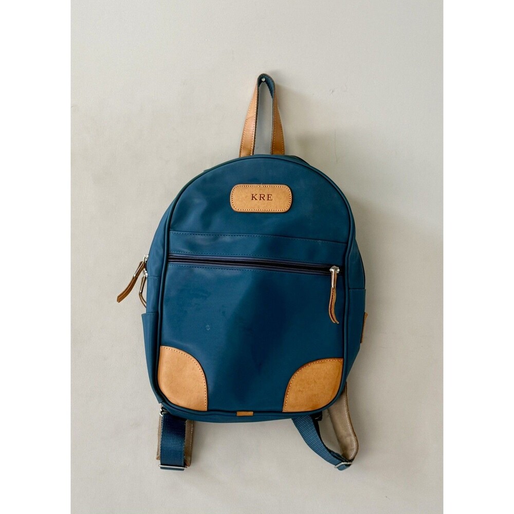 JON HART Genuine Leather Blue Coated Canvas Unisex Backpack KRE $260